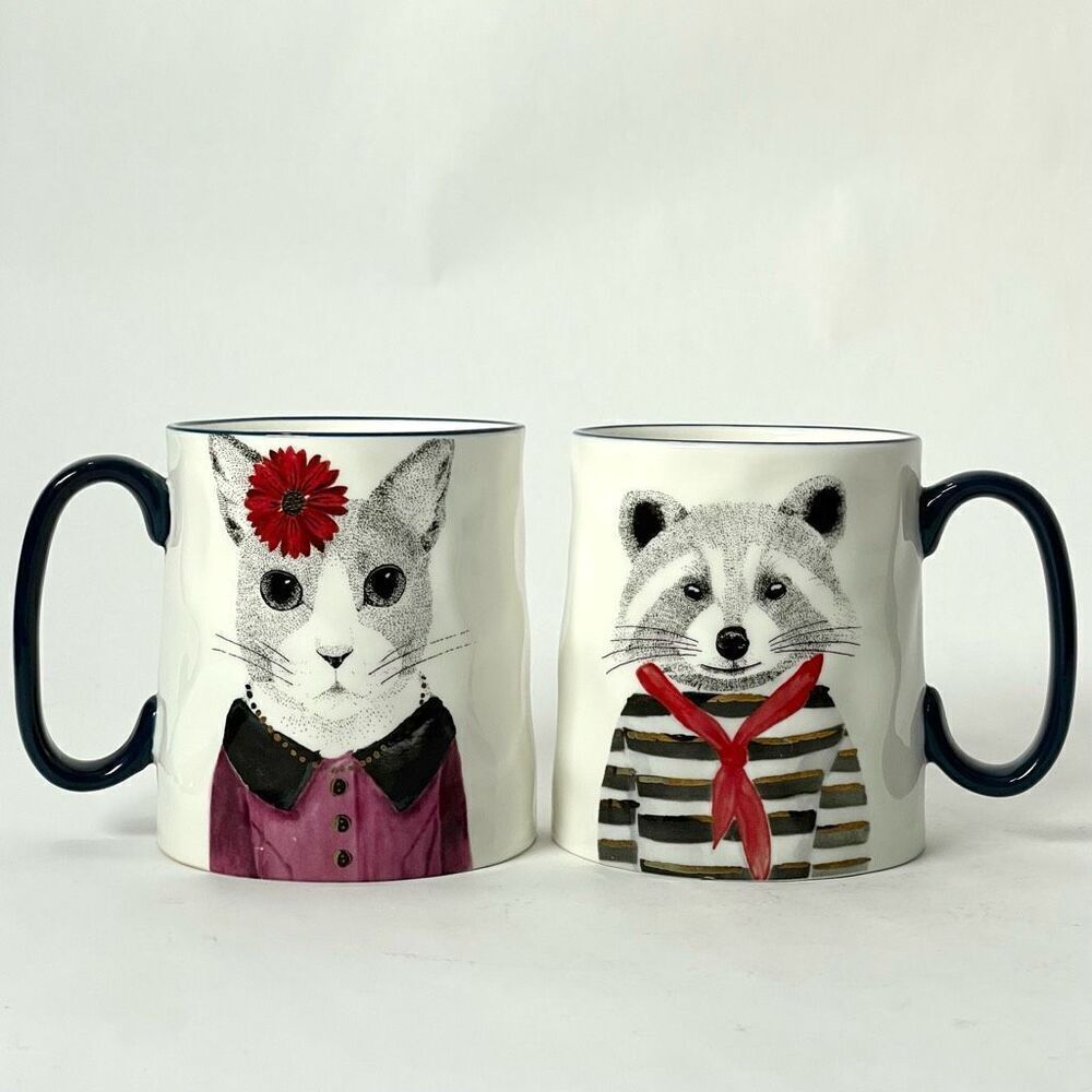 Lot of Two (2x) Cat & Raccoon Mug‎ | Signature Housewares Ceramic Coffee Mugs